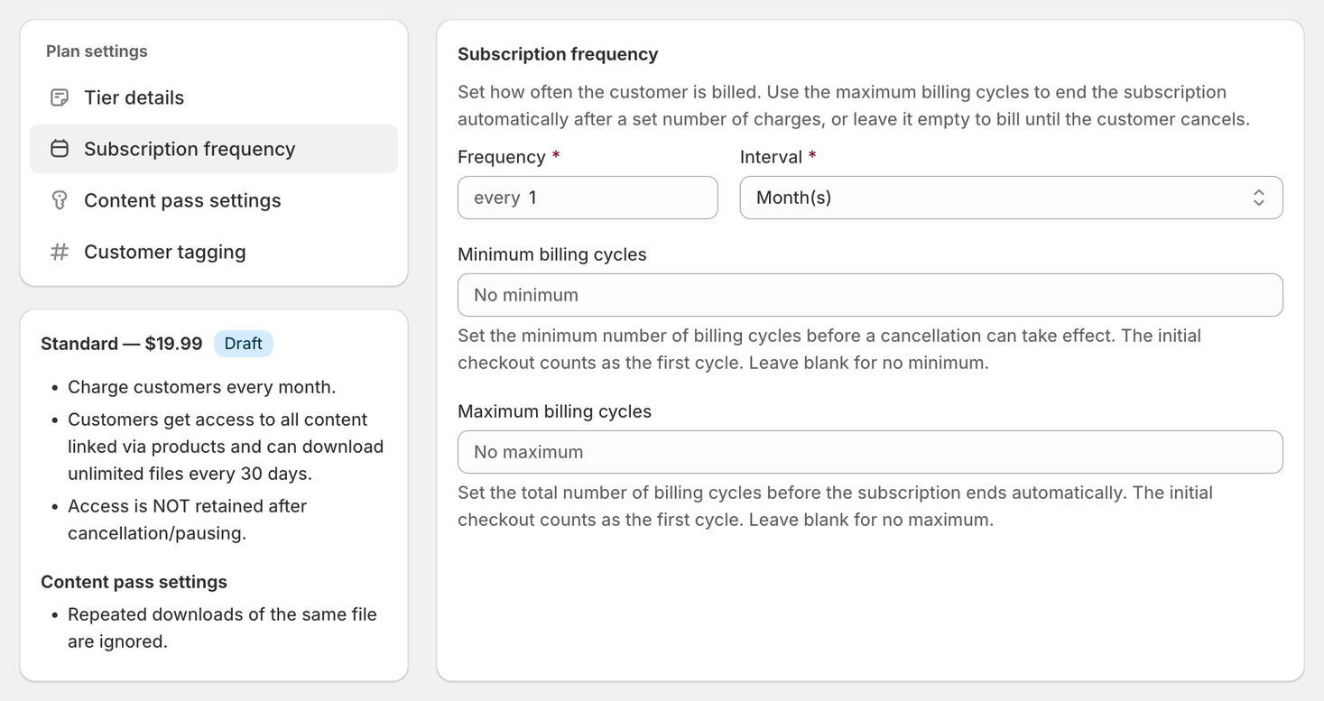 Content Pass Subscription frequency panel billing every 1 month, with minimum and maximum billing cycle fields