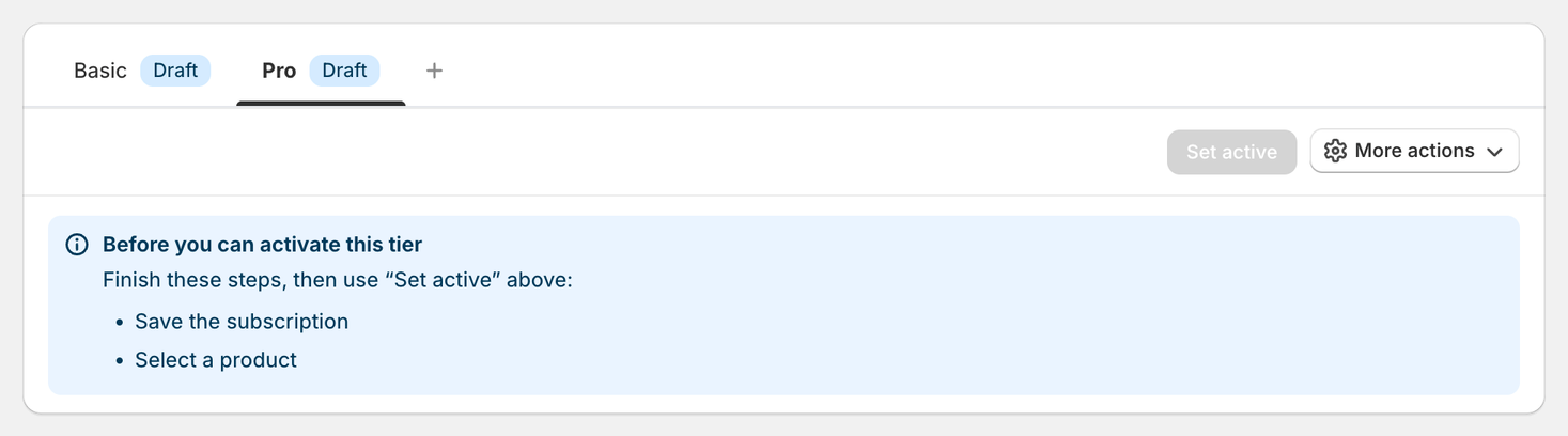 Plan tabs for a Library Access subscription with Basic and Pro tiers, both marked Draft, the add-tier button, a grayed-out Set active button and a checklist asking to save the subscription and select a product