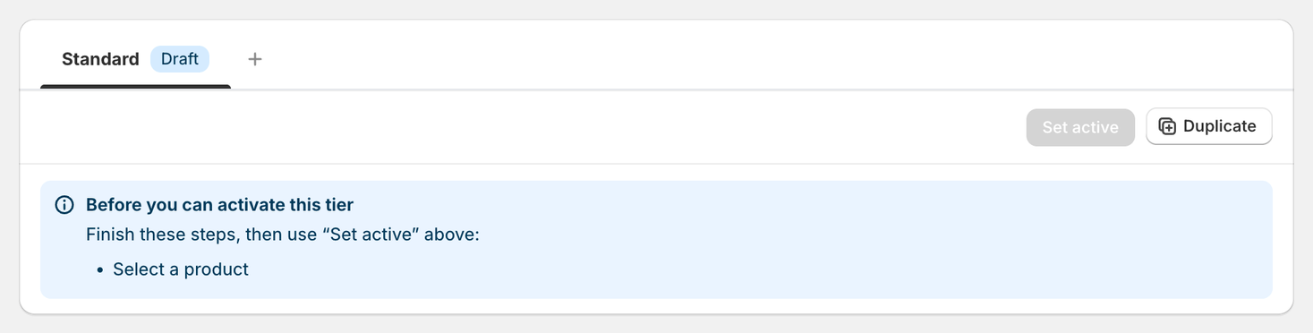 Content Pass plan header with Set active grayed out, the Duplicate button, and the Before you can activate this tier checklist asking for a product