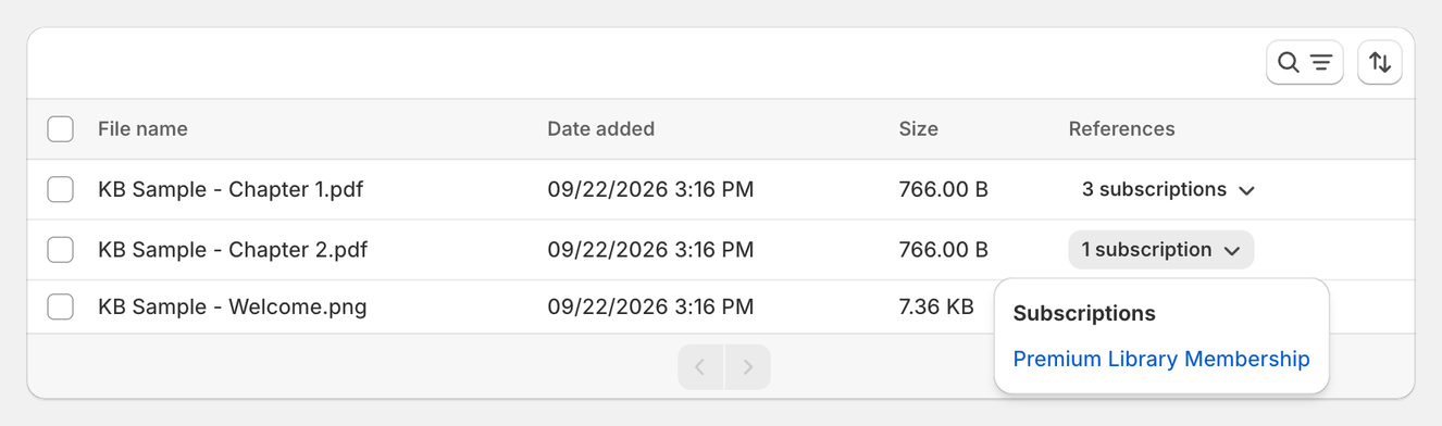 Files table with a References dropdown open, listing the subscription that uses the file