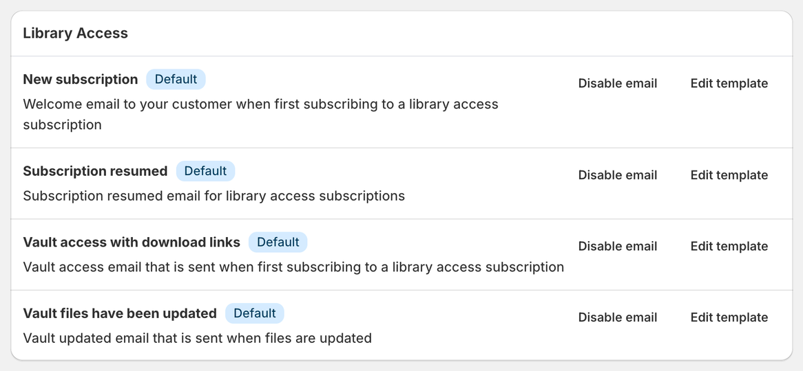 Library Access email templates: new subscription, subscription resumed, vault access with download links and vault files have been updated