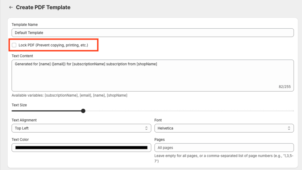 Create PDF Template editor highlighting the Lock PDF checkbox that prevents copying and printing