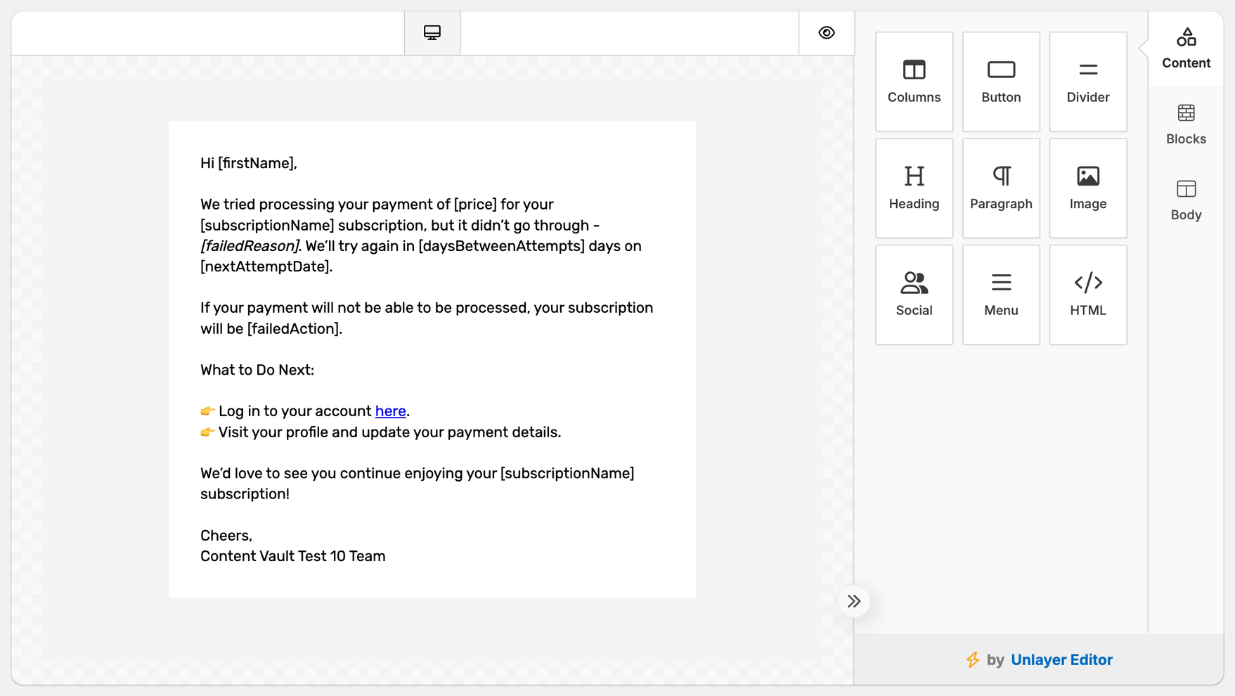 Content Vault email template editor showing the payment-failed email beside the Content, Blocks and Body panels
