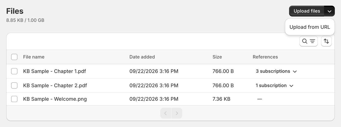 Files page with the Upload files menu open, showing Upload from URL