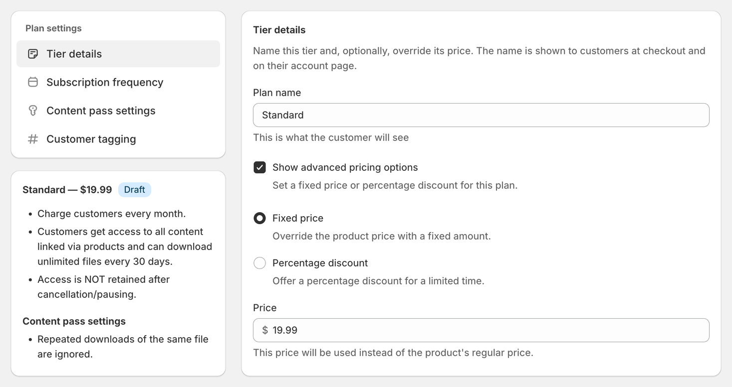 Content Pass Tier details panel with advanced pricing shown and a fixed price of $19.99 for the Standard plan