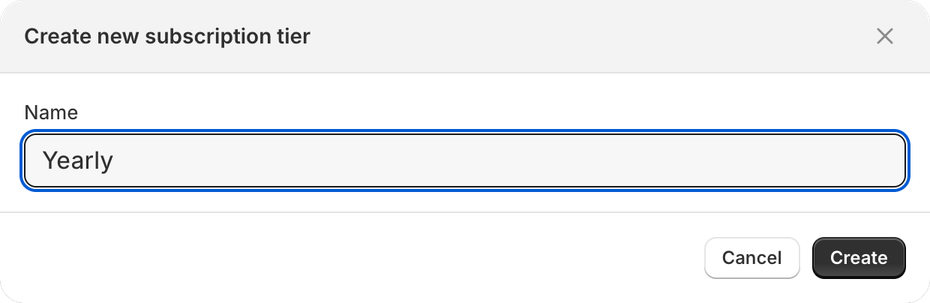Create new subscription tier dialog with Yearly entered as the tier name