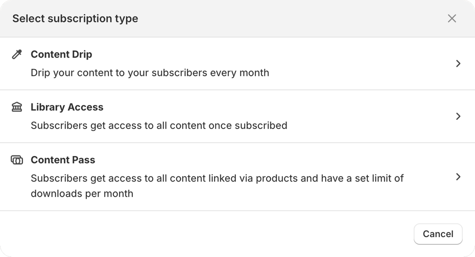 Content Vault's Select subscription type dialog, offering Content Drip, Library Access and Content Pass, each with a one-line description