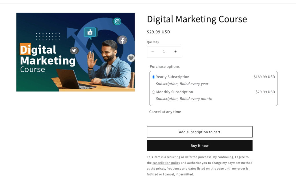 A Digital Marketing Course product page with Content Vault's subscription widget, offering a Yearly Subscription at $189.99 and a Monthly Subscription at $29.99 under Purchase options