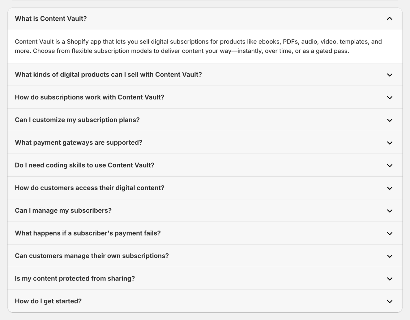 Tutorials FAQ with What is Content Vault? expanded and the other questions collapsed