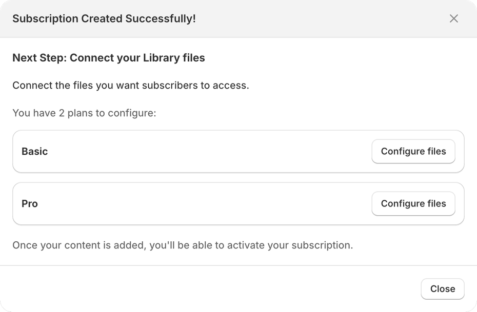 Content Vault's Subscription Created Successfully dialog listing two tiers, Basic and Pro, each with its own Configure files button