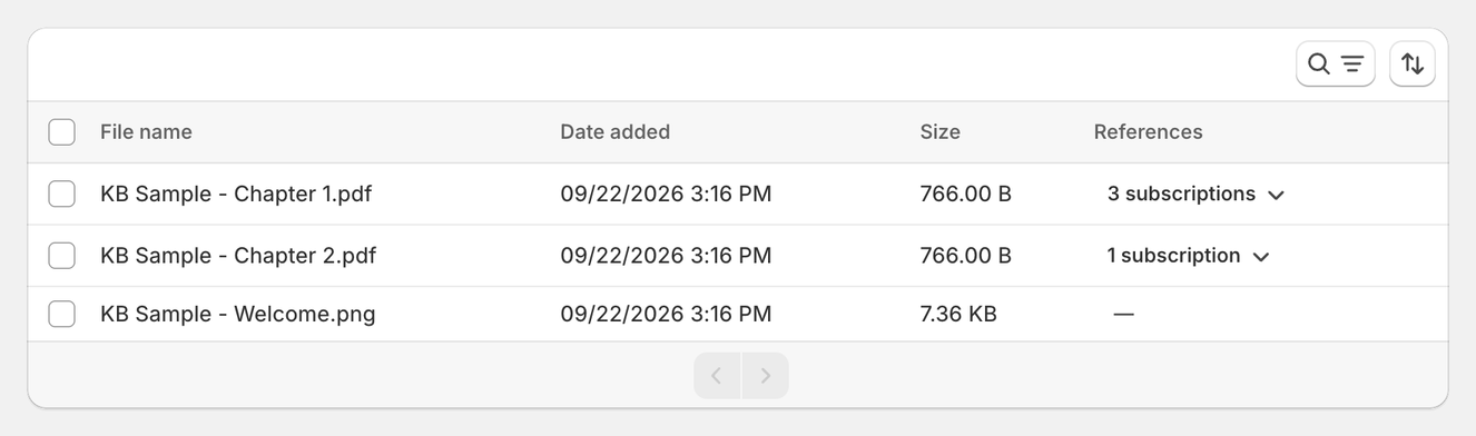 Files table with the File name, Date added, Size and References columns