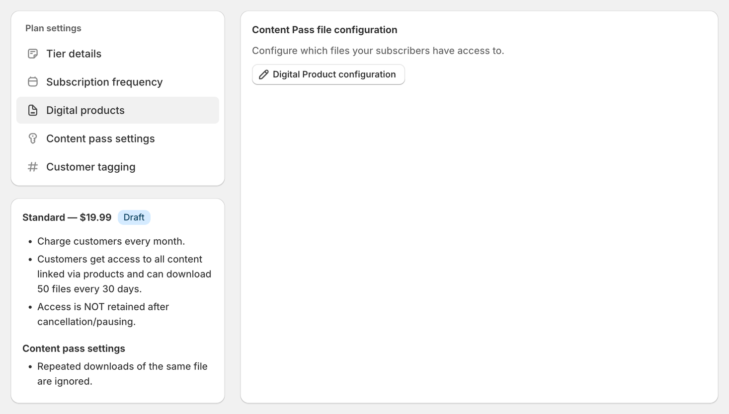 Content Pass Digital products panel with the Digital Product configuration button