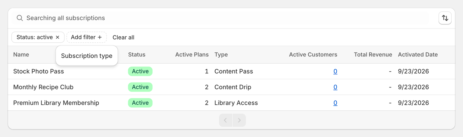 Subscriptions list filtered to Status: active, with the Add filter menu offering Subscription type