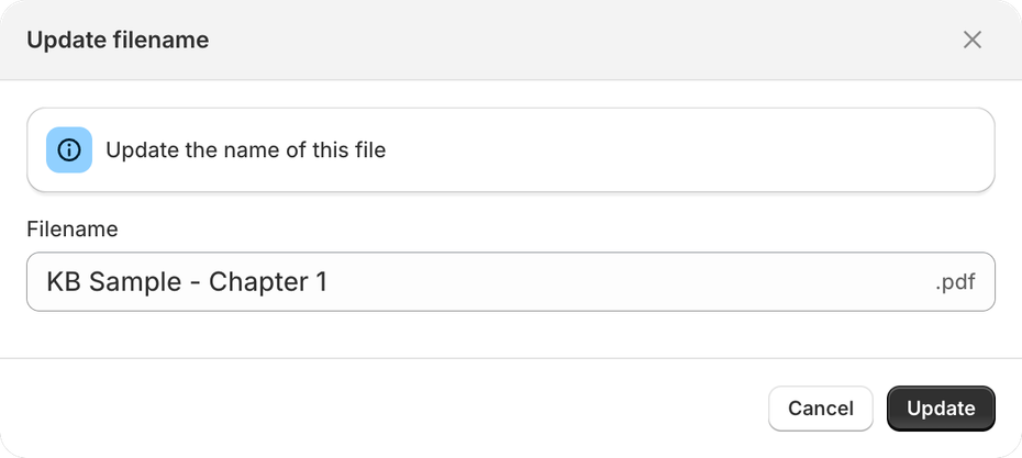 Update filename dialog with the file name field, its .pdf extension shown separately, and Cancel and Update buttons