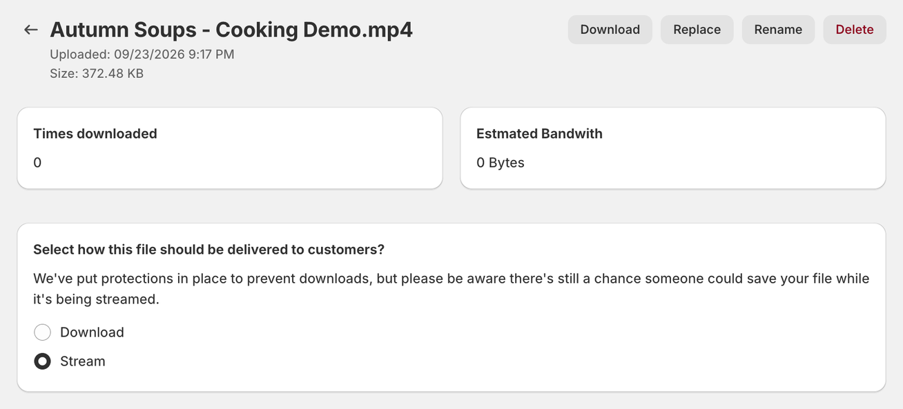 Content Vault's file detail page for a video, Autumn Soups - Cooking Demo.mp4, with the delivery choice set to Stream instead of Download and a note that a streamed file could still be saved