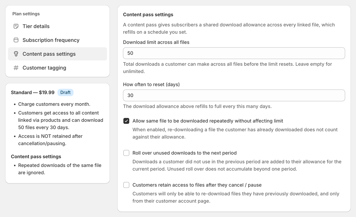 Content Vault's Content pass settings panel for a Standard plan, with a download limit of 50 across all files, a 30-day reset, repeat downloads allowed, and the roll-over and retain-access options unticked