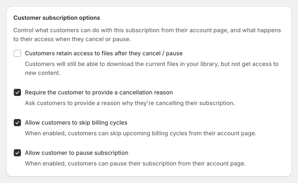 Content Vault's Customer subscription options panel for a Library Access plan, with retaining access after a cancel or pause unticked, and requiring a cancellation reason, skipping billing cycles and pausing from the account page ticked