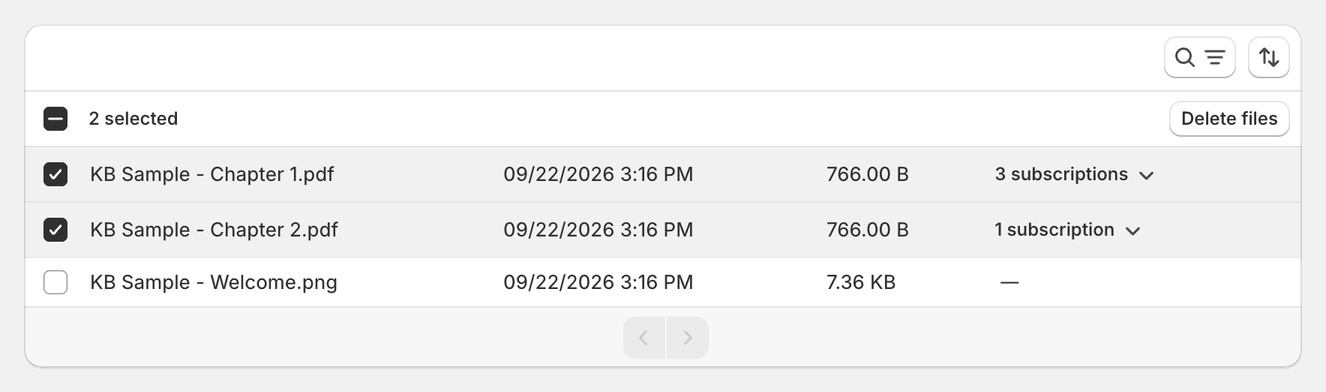 Files table with two files selected and the Delete files button