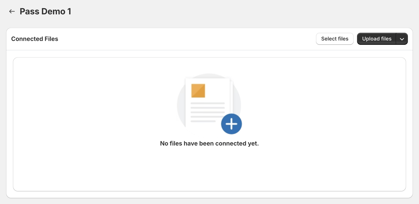 Connected Files page for a product with Select files and Upload files buttons and no files connected yet