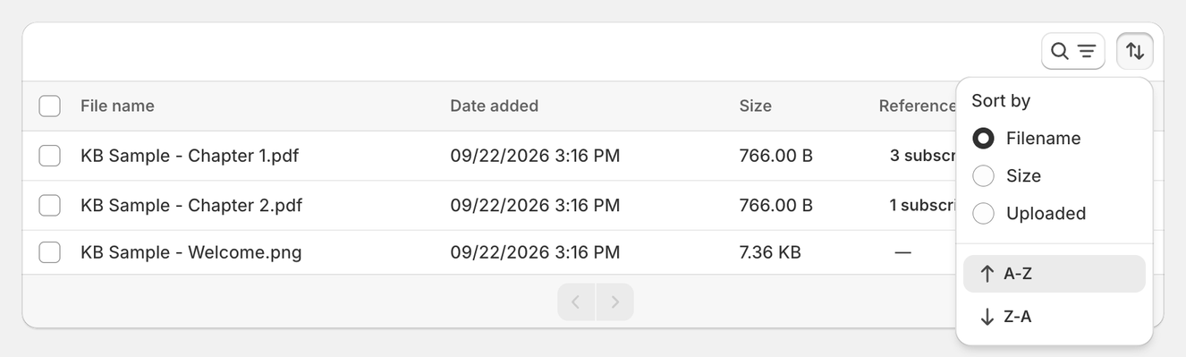 Files table with the sort menu open: sort by Filename, Size or Uploaded, A-Z or Z-A