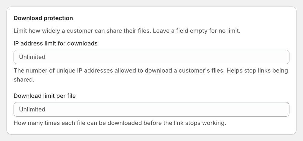 Download protection panel with the IP address limit and per-file download limit both left unlimited