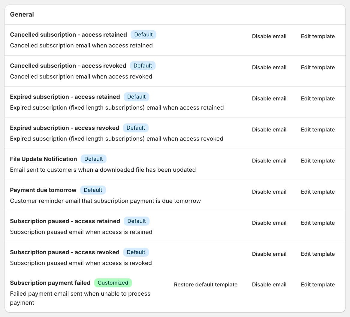 General email templates for cancelled, expired and paused subscriptions, file updates, payment due and payment failed
