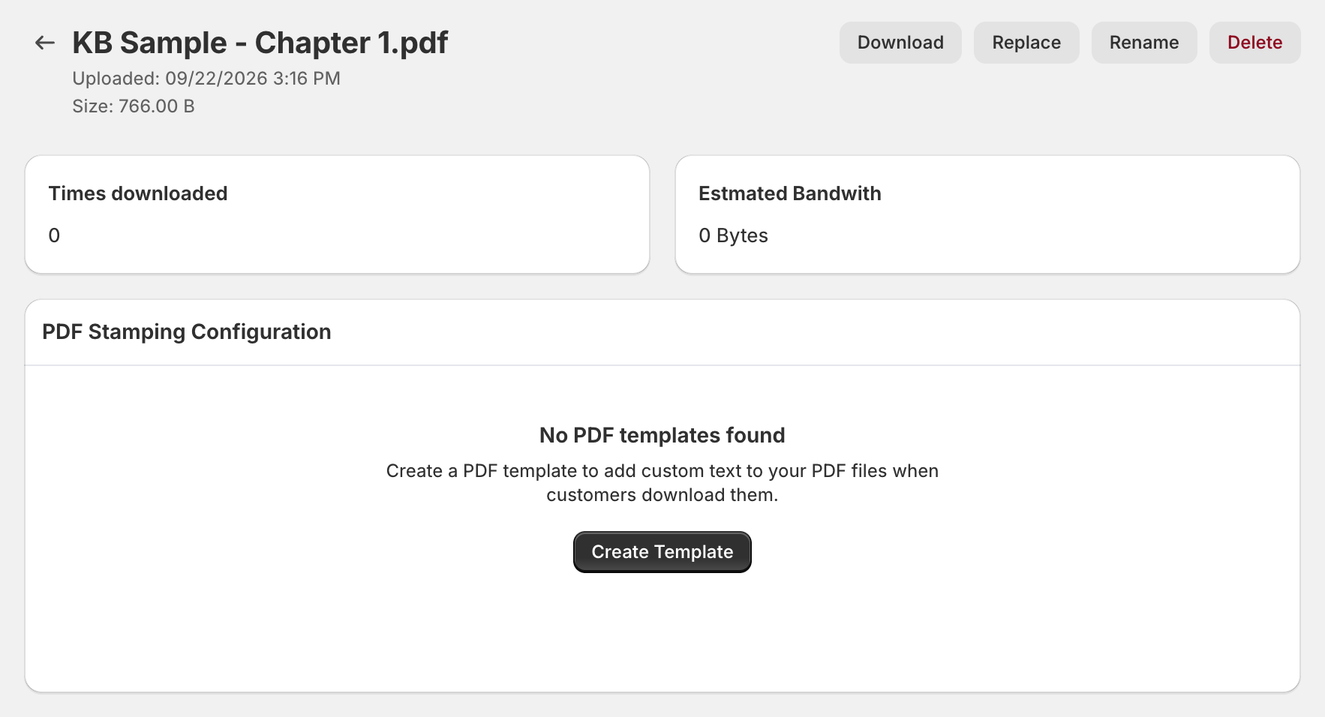 File detail page for a PDF, with Download, Replace, Rename and Delete buttons, the download and bandwidth stats, and the PDF Stamping Configuration panel