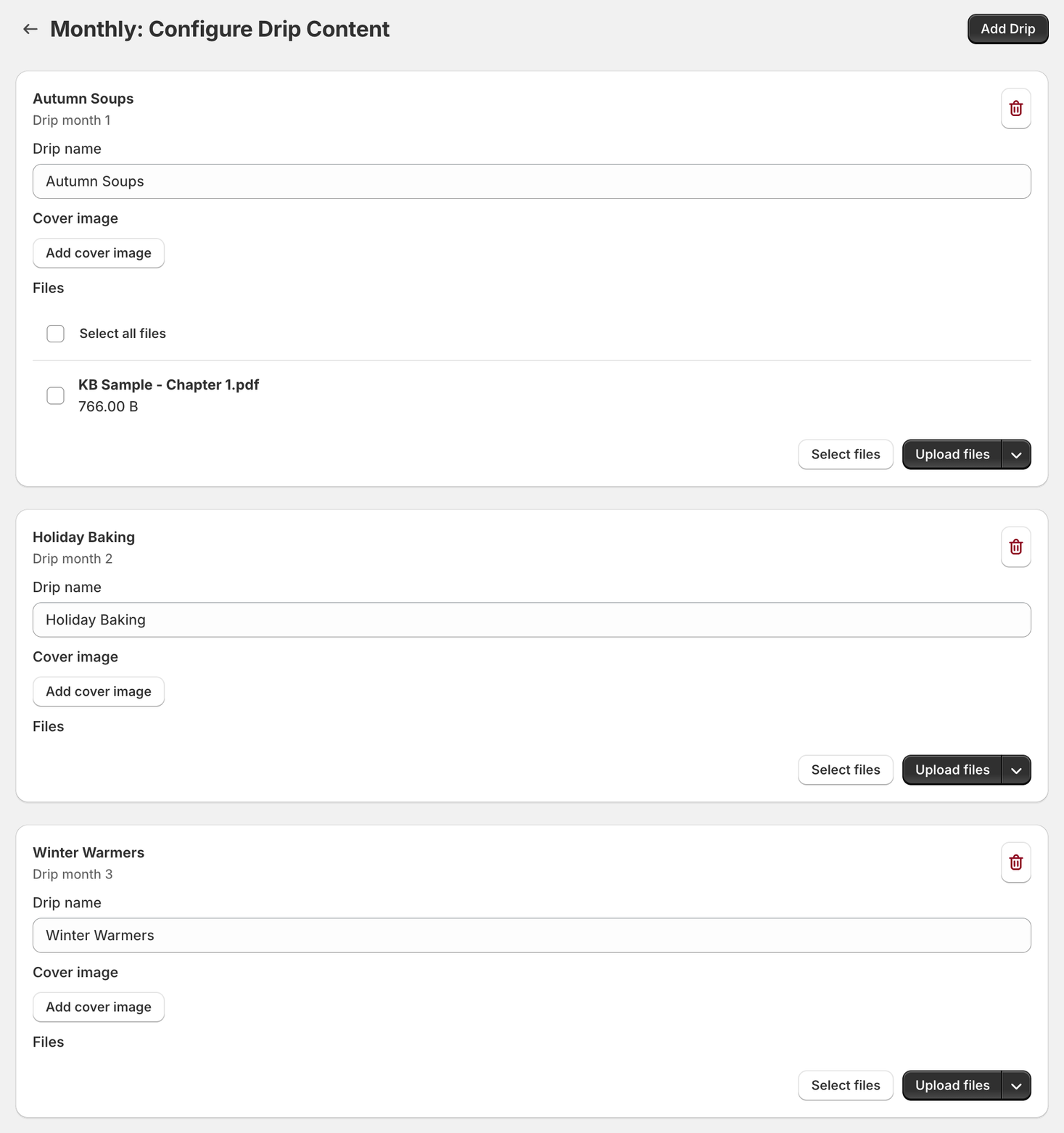 Content Vault's Configure Drip Content page for a Monthly plan, with three named releases (Autumn Soups, Holiday Baking and Winter Warmers) and a chapter PDF attached to the first