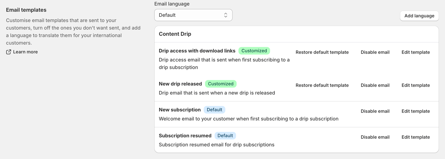 Email templates section of the Content Vault Settings page, with the Email language selector, the Add language button and the Content Drip templates